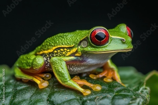 Fototapeta A green frog with red eyes is sitting on a leaf