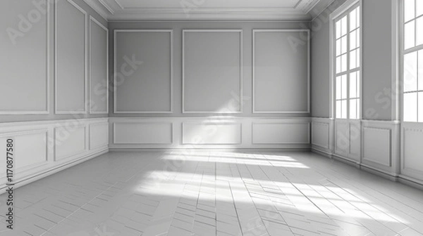 Obraz A spacious, empty gray room ready for move-in with minimalist interior design and clean walls, perfect for creating a modern home or rental property. Ideal for showcasing interior styling.