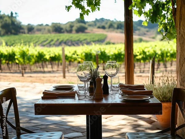 Fototapeta On a sunny summer day, a wide angle view of an empty table in the restaurant reveals a beautiful setting, with lush vineyards stretching out in the distance, creating a calm and inviting atmosphere