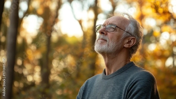 Fototapeta An older man doing deep breathing exercises outdoors