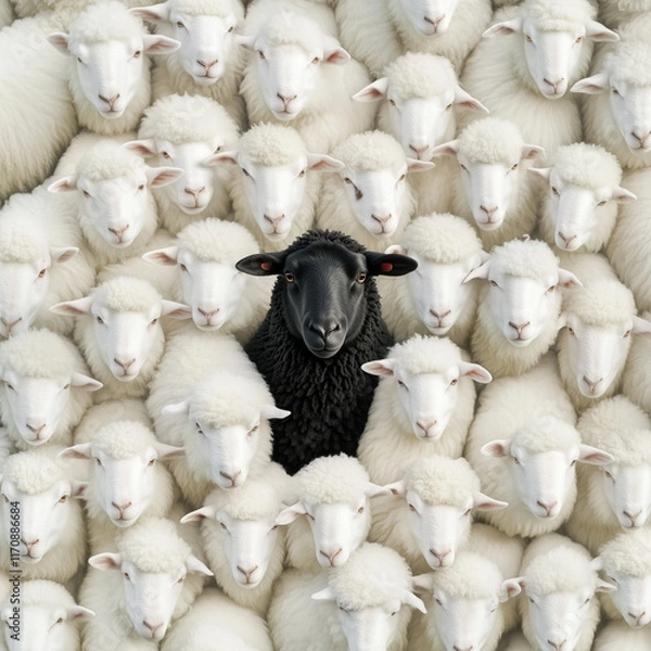 Fototapeta A single black sheep stands out among a flock of white sheep n the style photography. The photo was taken from above, using a zoomed-out wide-angle lens. The symmetry of the composition and the natura
