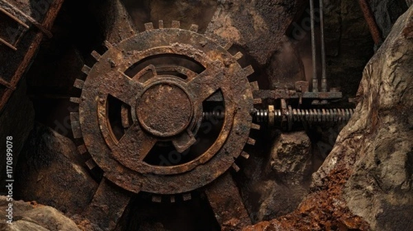 Fototapeta Close-up of a mining shaft pulley system covered in dust and grease, with blank space.