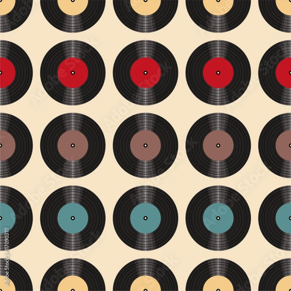 Fototapeta Seamless pattern print background with vinyl record disks vector illustration music wallpaper decorative artistic texture	