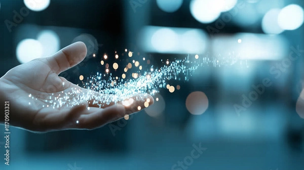 Fototapeta Hand Releasing Sparkling Technology Particles in a Modern Environment Showcasing Digital Innovation