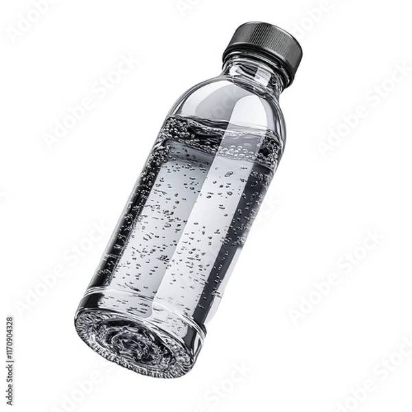 Fototapeta Sparkling water bottle with bubbles on white background, beverag