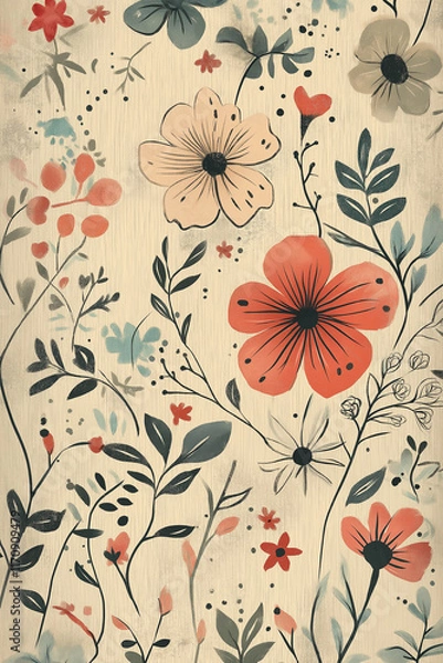 Fototapeta Hand-painted floral pattern with vibrant flowers and leaves on beige textured paper, perfect for artistic and natural themes