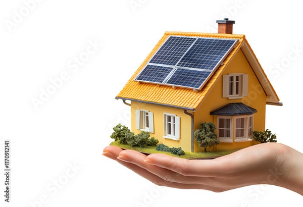 Fototapeta Hand holding miniature house model with solar panel on roof