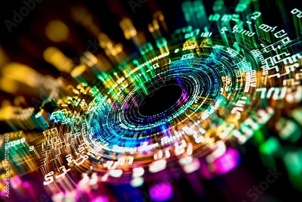 Obraz A futuristic quantum processor surrounded by glowing holographic numbers and algorithms in vibrant colors