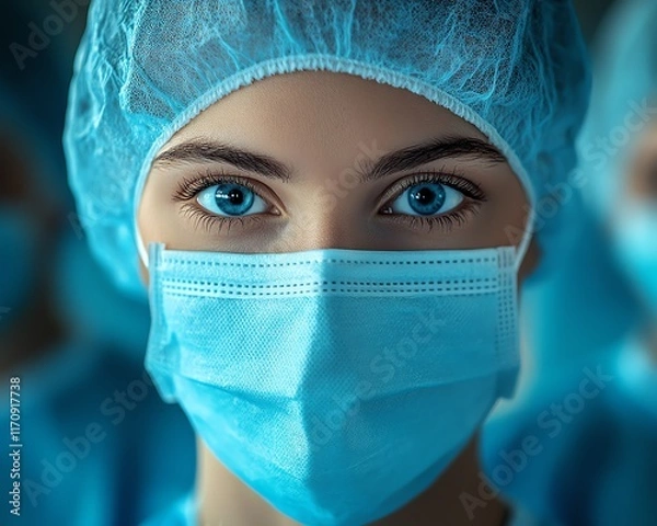 Obraz Closeup shot of medical workers in blue suits and masks, working at a factory production line, intense concentration, clean environment, ultradetailed, HD quality