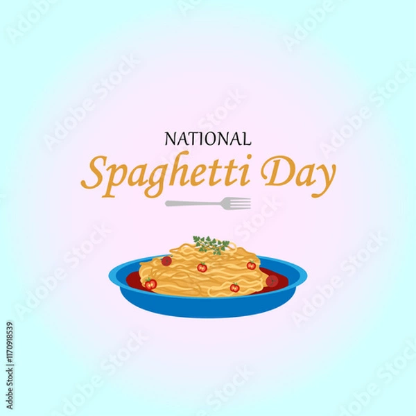 Fototapeta National Spaghetti Day. Spaghetti, plate and fork. Postcard, banner, poster, vector.