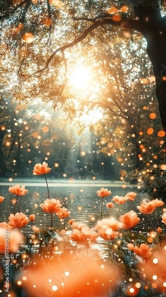 Fototapeta A serene landscape featuring blooming flowers and sunlight filtering through trees by a tranquil water body.