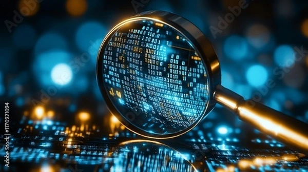 Fototapeta Closeup of Data Through Magnifying Glass Symbolizing Digital Analysis and Information : Generative AI