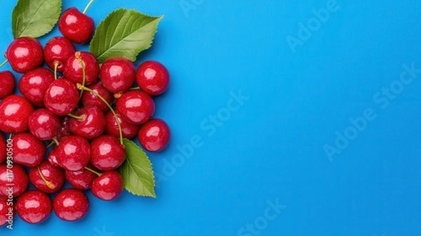 Fototapeta A bunch of cherries with leaves on a blue background