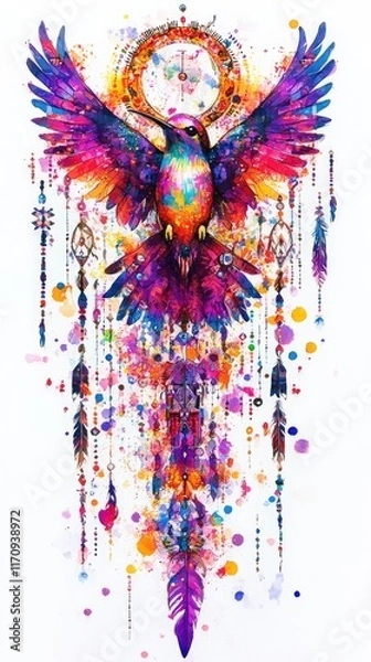 Fototapeta A vibrant, colorful illustration of a bird with feathers and decorative elements.