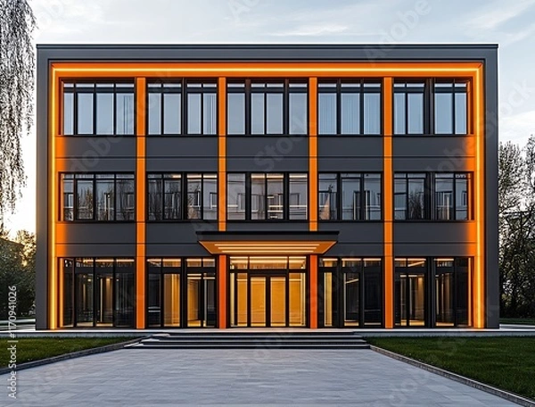 Fototapeta Minimalist office building with geometric illuminated facade and sleek modern design : Generative AI