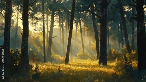 Fototapeta Sunlight Streams Through Trees in Serene Forest Landscape