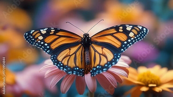Fototapeta A butterfly perched on a blooming daisy in a spring garden