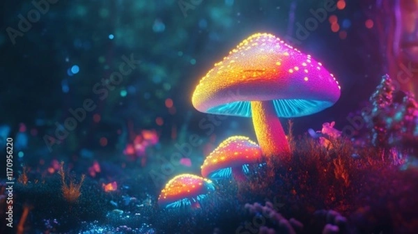 Fototapeta Glowing mushrooms in vibrant neon colors in a mystical forest setting.