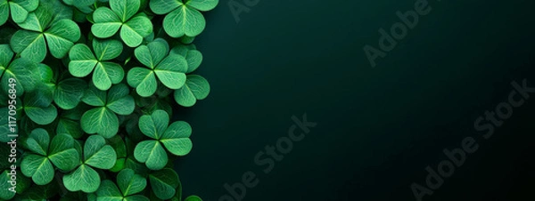 Fototapeta A multitude of lush green clover leaves densely fills the left side of a dark background, highlighting their intricate shapes and vivid colors, creating a serene and natural atmosphere