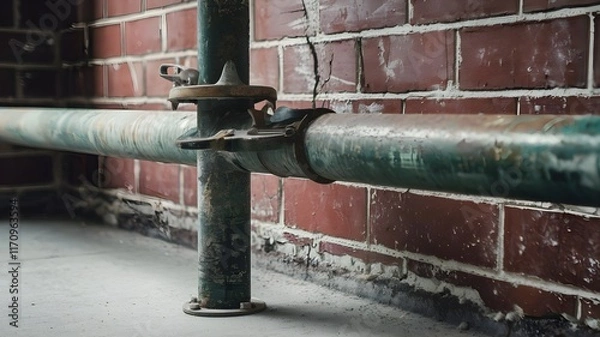 Fototapeta A scaffolding pipe leaning against a wall