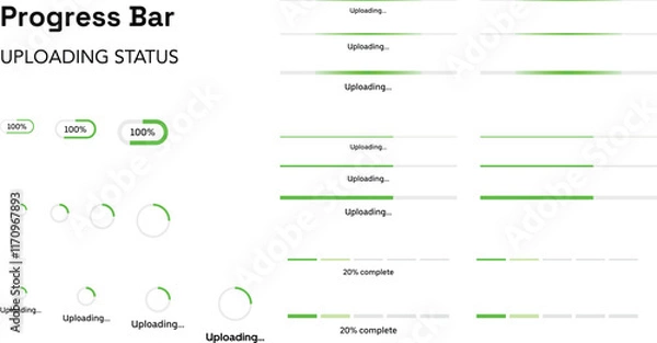 Fototapeta Progress bar uploading status indicator. UI kit component vector illustration. Percentage loading bar infographic icon set 0-100% in green colour. Process symbols collection.