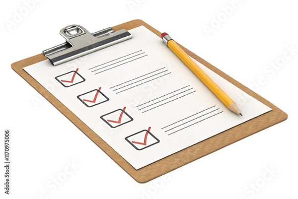 Fototapeta Wooden clipboard featuring a checklist with red ticks, accompanied by a yellow pencil positioned diagonally over the sheet for an organized look, isolated on a transparent background