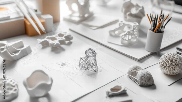 Fototapeta designer workspace filled with sketches, 3D prints, and creative tools. environment showcases various artistic models and materials, inspiring innovation and creativity
