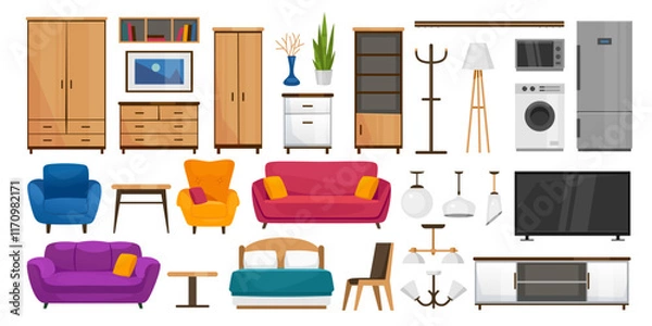 Obraz Cartoon vector furniture set in flat style with sofas, lamps, bed, armoires, shelves, TV, laundry machine, microwave oven, refrigerator, and posters for interior design use.