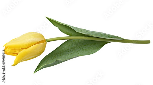 Fototapeta A stunning image of a single yellow tulip with vibrant green leaves, perfect for floral designs, nature-themed projects, and springtime graphics, showcasing the beauty of tulips in full bloom..