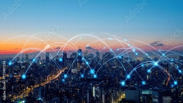 Fototapeta Glowing Skyline with 5G Network Connectivity Visualization