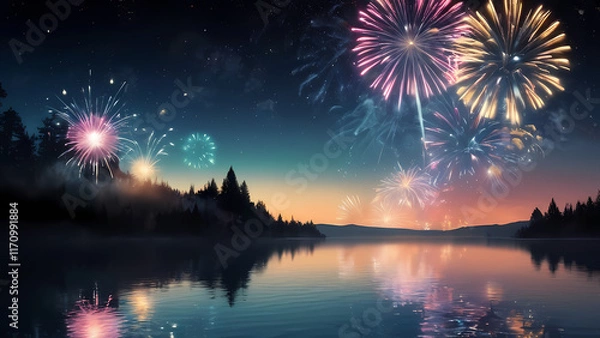 Fototapeta A vibrant and dynamic image of fireworks lighting up the night sky