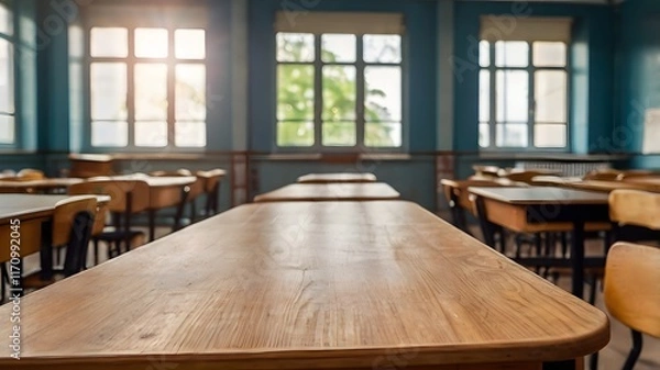 Fototapeta Wooden Tabletop in a Classroom Setting for Graphic Design Mockups
