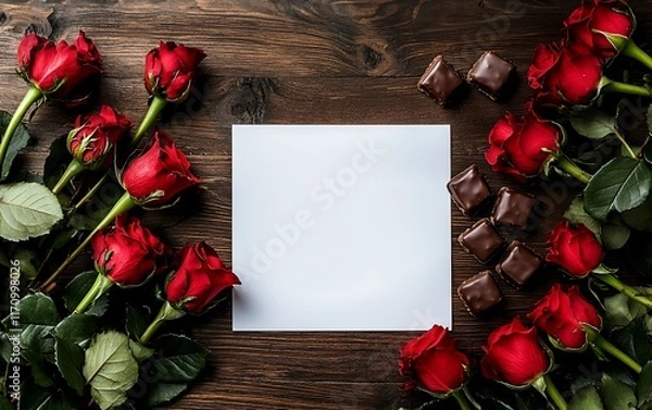 Fototapeta Blank card with red roses and chocolates on wood.