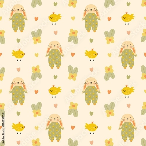 Fototapeta Seamless pattern with playful bunnies in colorful outfits, yellow chicks, and floral motifs, perfect for spring or Easter designs