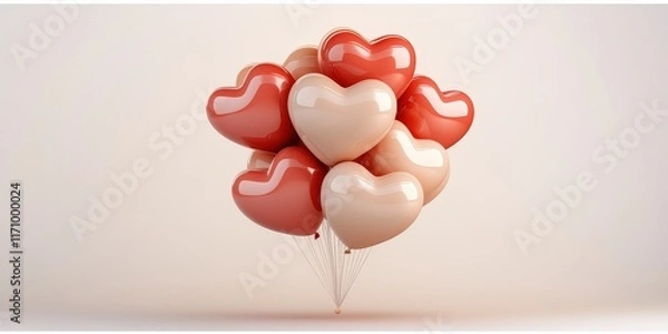 Fototapeta Valentine heart balloons floating in whimsical cartoon style dreamy environment gigapixel quality
