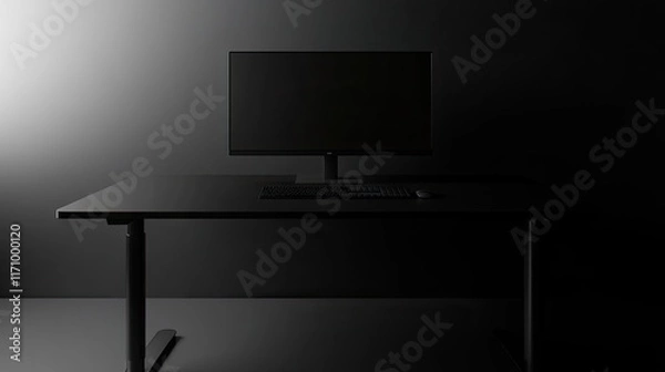 Fototapeta Black desk with sharp clarity against a 3D-rendered blurry gray gradient background, combining simplicity and elegance.