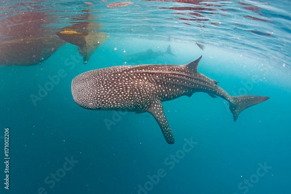 Fototapeta Whale shark underwater in deep blue ocean