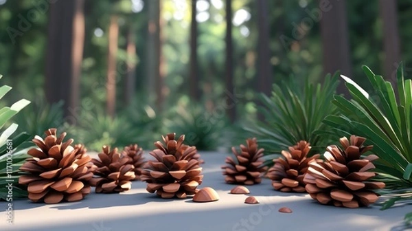 Obraz Five pine cones on forest floor, surrounded by greenery.