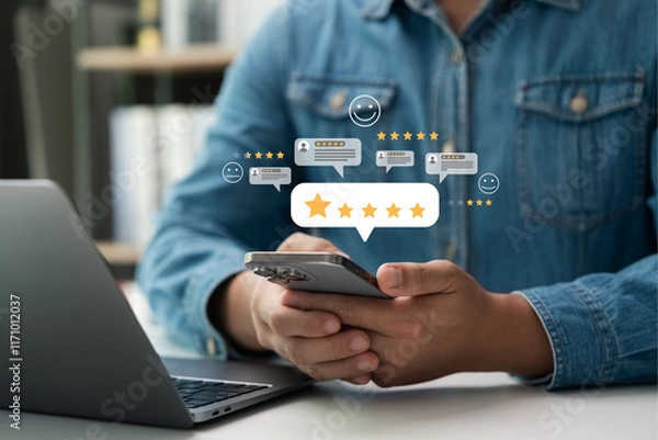 Fototapeta Customer satisfaction survey via online application, consumers give five star rating, best service and quality of products or products, excellent business success, best business ranking.