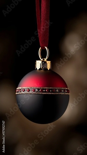 Obraz A red and black christmas ornament hanging from a red ribbon
