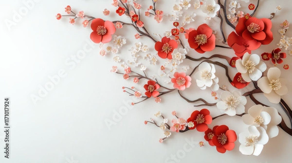 Fototapeta Intricate paper art of red and white cherry blossoms on branches, symbolizing beauty and renewal, with minimalist background for serene and elegant composition