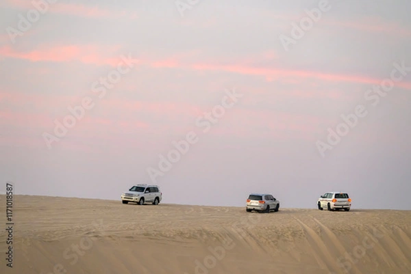 Obraz Desert landscape and off-road vehicles on desert safari in Doha, Qatar