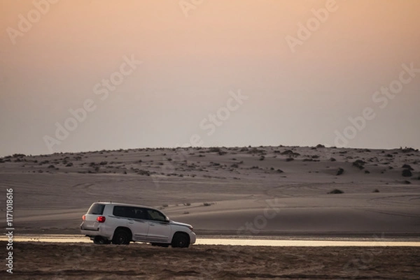 Obraz Desert landscape and off-road vehicles on desert safari in Doha, Qatar