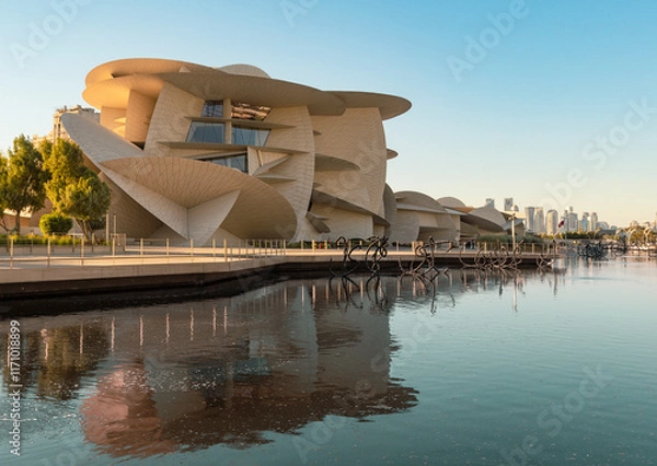 Fototapeta National Museum in Doha, Qatar with a wide angle view of the pool in its garden