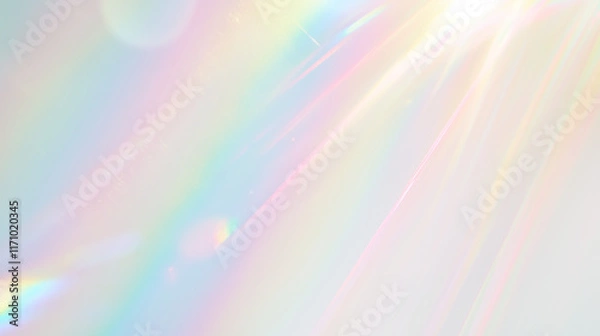Fototapeta Holographic rainbow light refraction texture overlay with abstract soft bokeh effect on a transparent PNG backdrop. Organic prismatic glow and natural shadows. Background with copy space