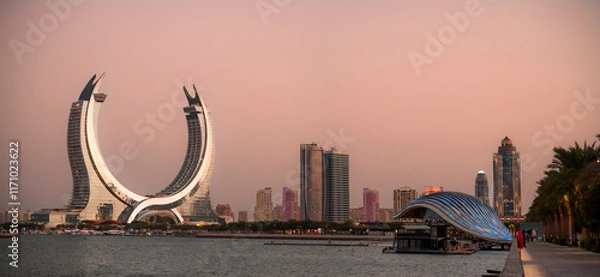 Obraz Katara buildings view from Lusail Marina Park. Great view with Crescent Tower