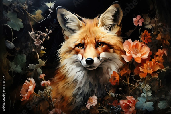 Fototapeta fox with flowers on a dark background,.     