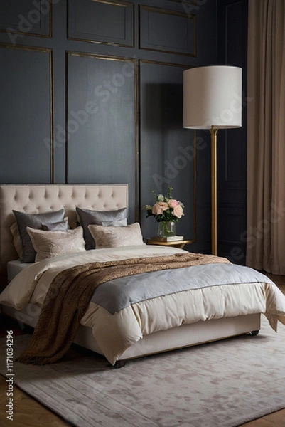 Fototapeta Beige Upholstered Bed in Dark Grey Paneled Bedroom