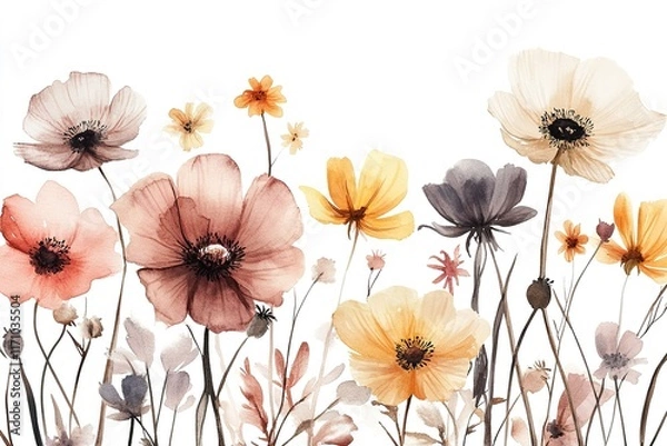 Fototapeta Delicate watercolor flowers in soft hues create serene and uplif