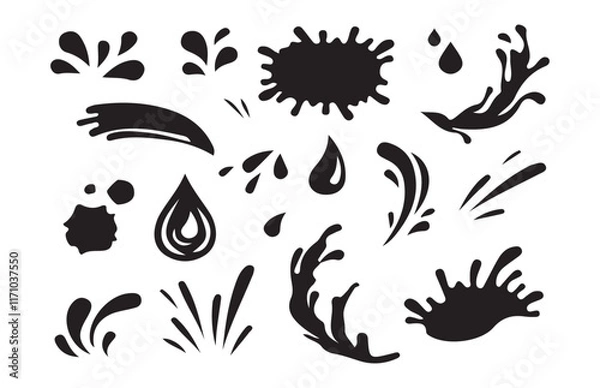 Fototapeta Water splash silhouettes.Water drops shapes, liquid burst splashes and ink blot hand drawn vector set of silhouette.Vector Illustration EPS 10